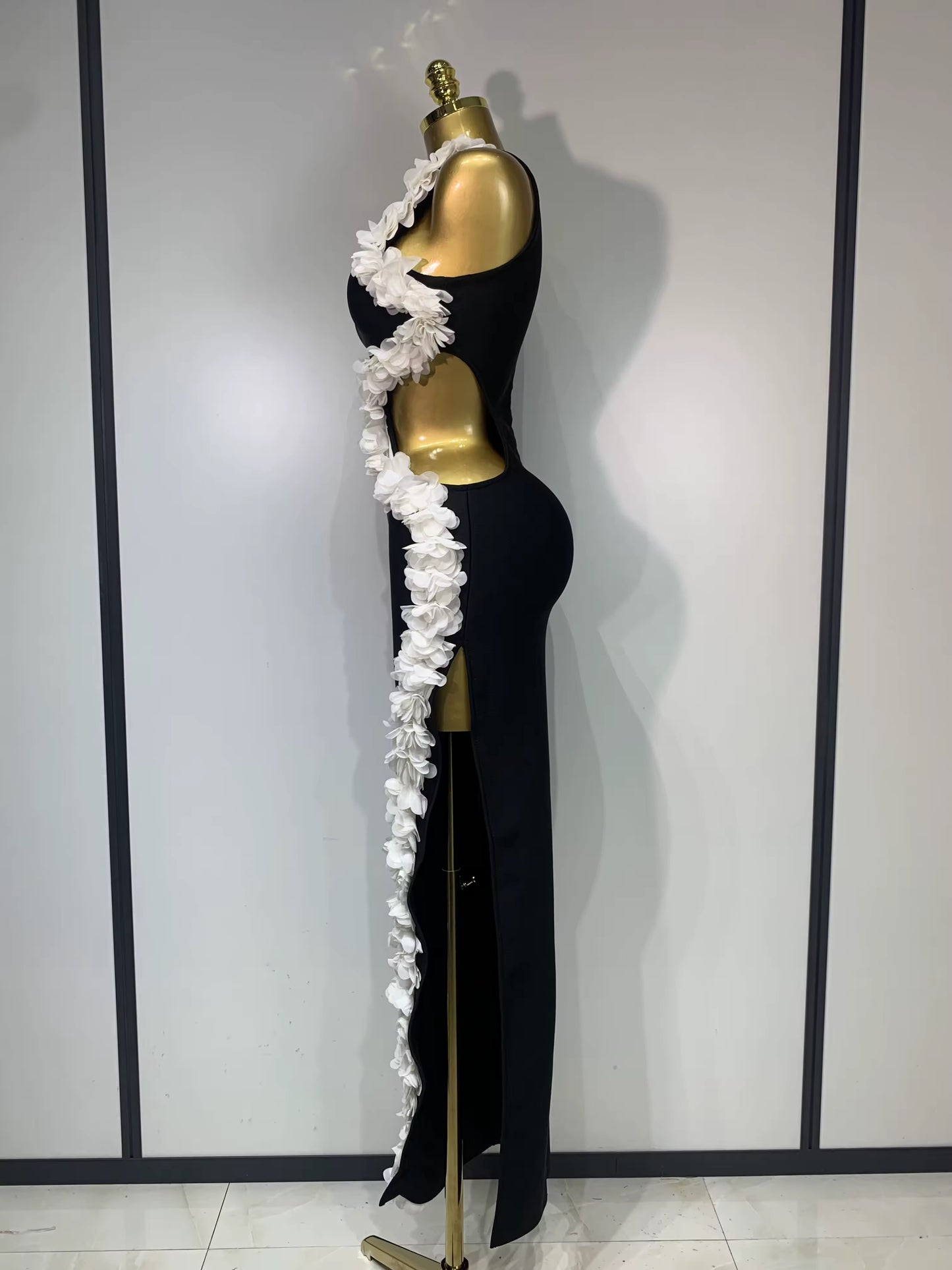 O Neck Flower Cut Out Maxi Long Bodycon Bandage Dress