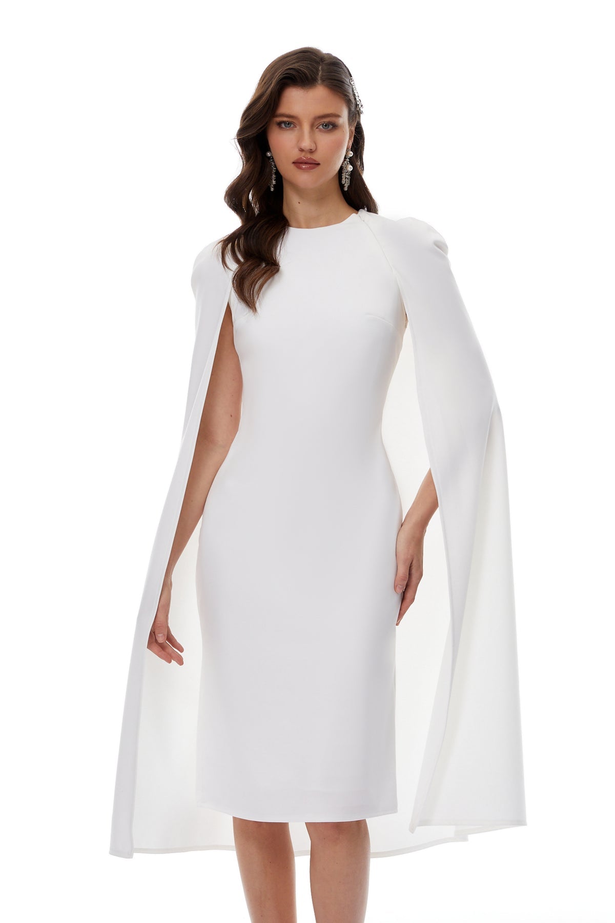 White Cape Effect Midi Dress