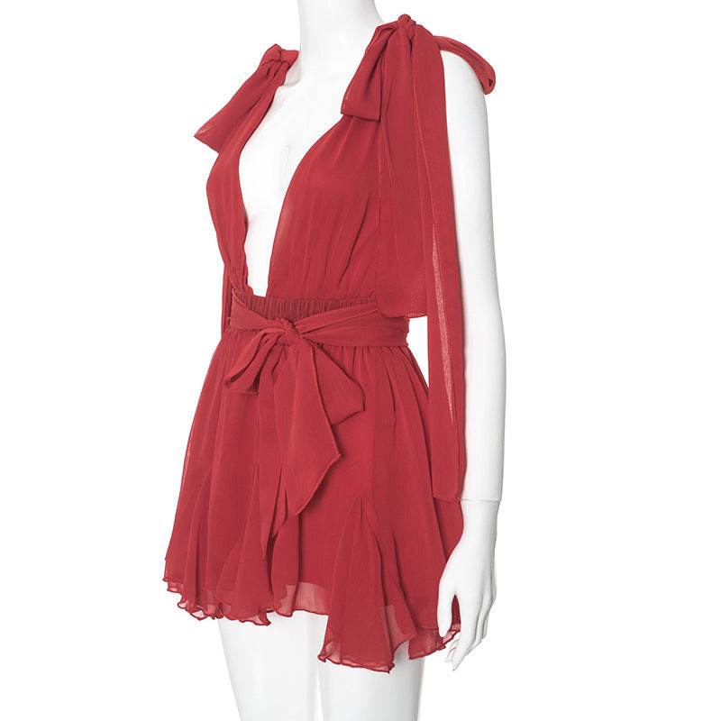 Low Cut Deep V Plunge Bare Back Tied Dress - REBECATHELABEL