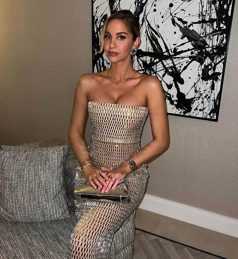 Khaki Sexy Strapless Sparkling Diamond Edge Maxi Dress - REBECATHELABEL