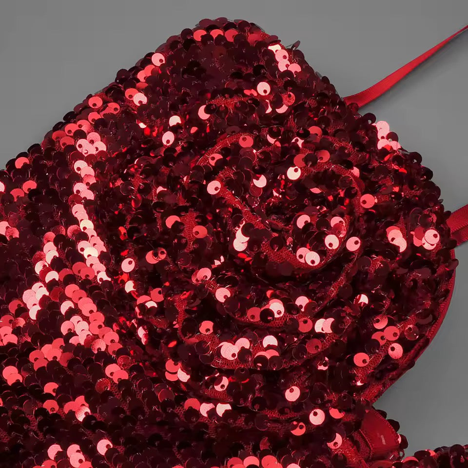 Red Spaghetti Strap Heart Neck Sequin 3D Rose Ruched Slit Mid Dress