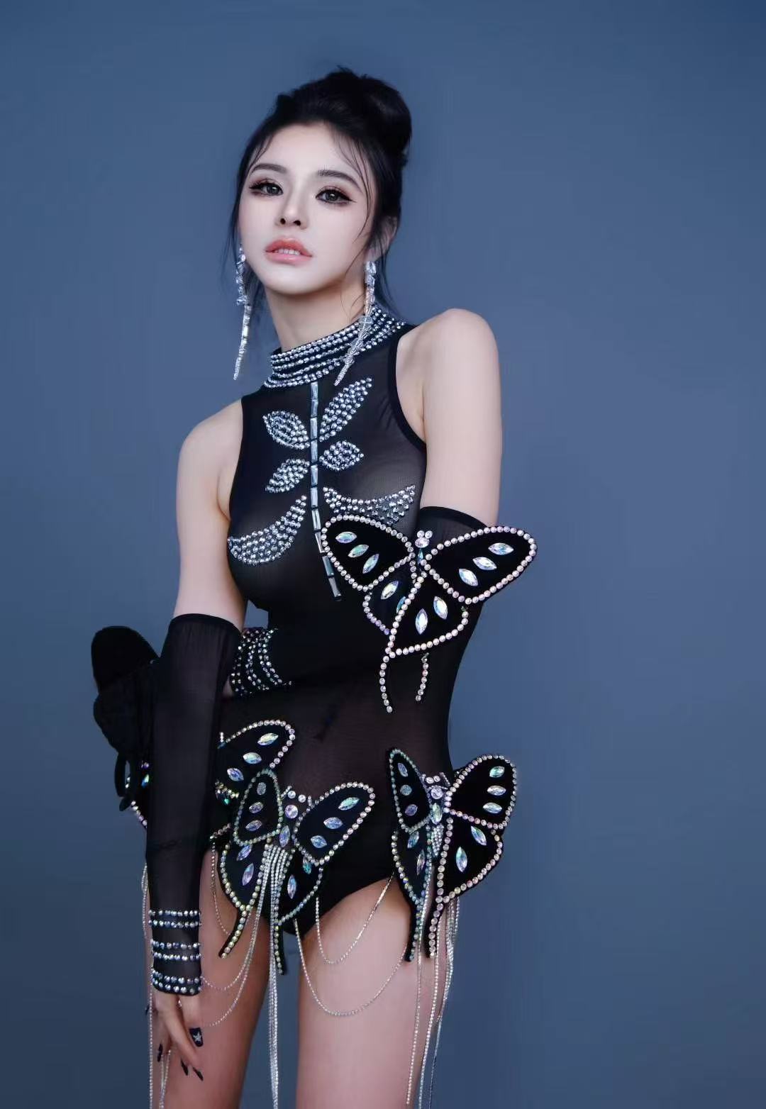 Sparkly Rhinestones Chain Butterfly Tight Bodysuit With Sleeves