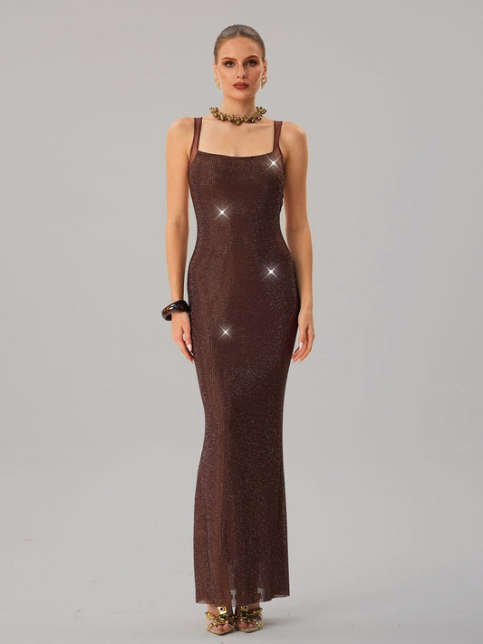 Backless Rhinestone Maxi Dress In Brown