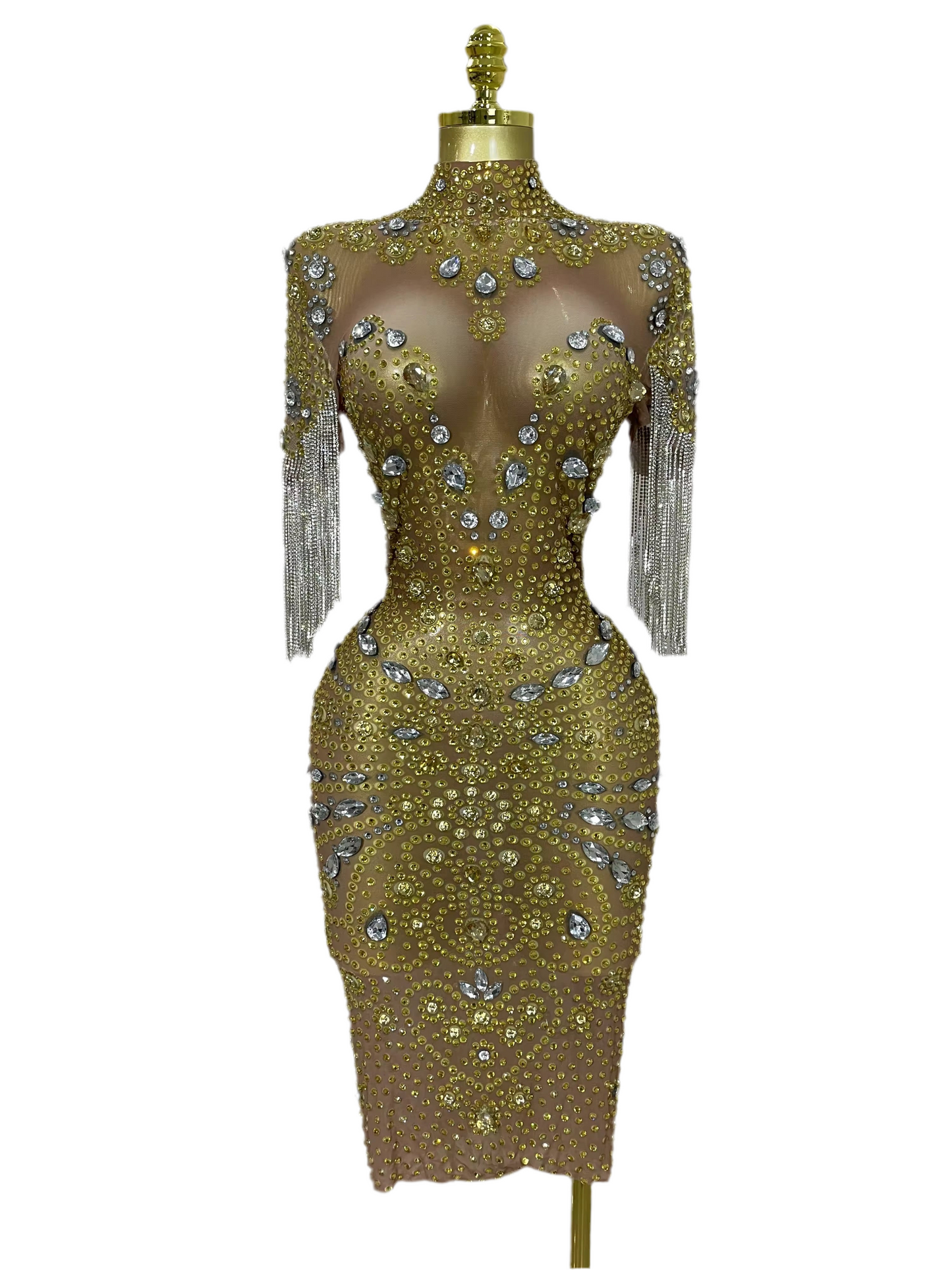 Shining Diamonds Tassel Sexy Mesh See Through Dress