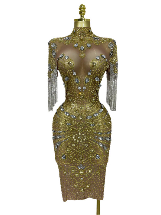 Shining Diamonds Tassel Sexy Mesh See Through Dress