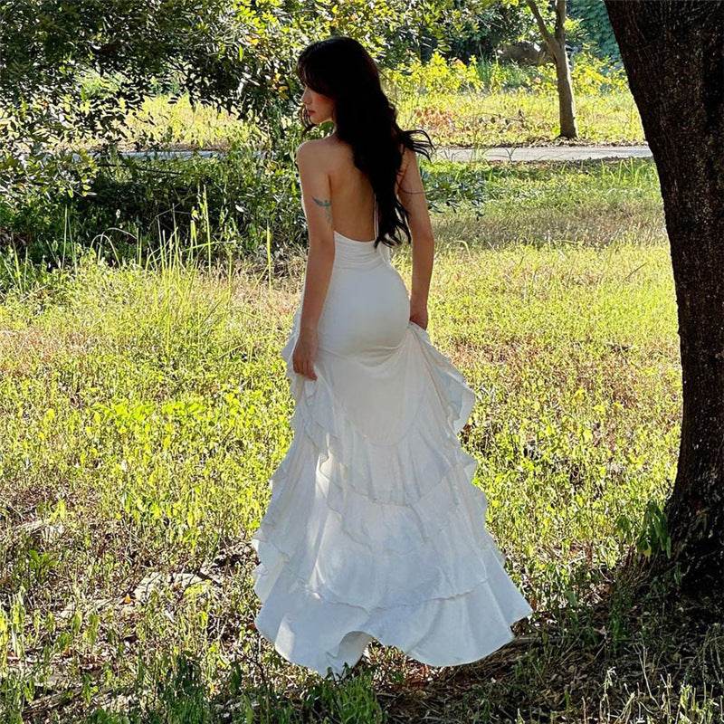 Halter Backless Slim Fit Solid Color Ruffles Dress - REBECATHELABEL