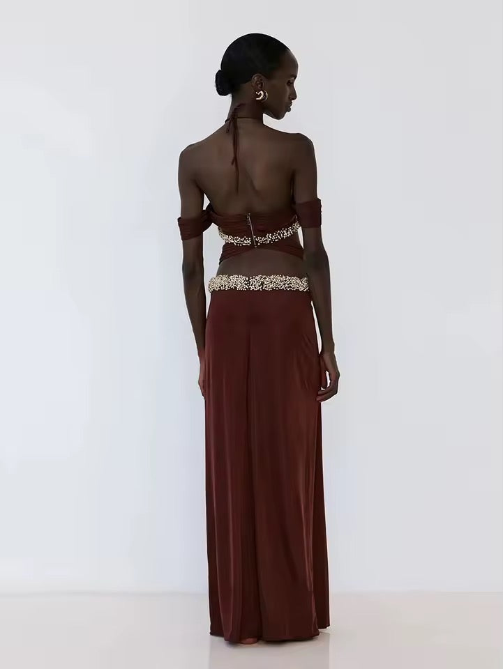 Red Halterneck Crystal Embellished Maxi Dress
