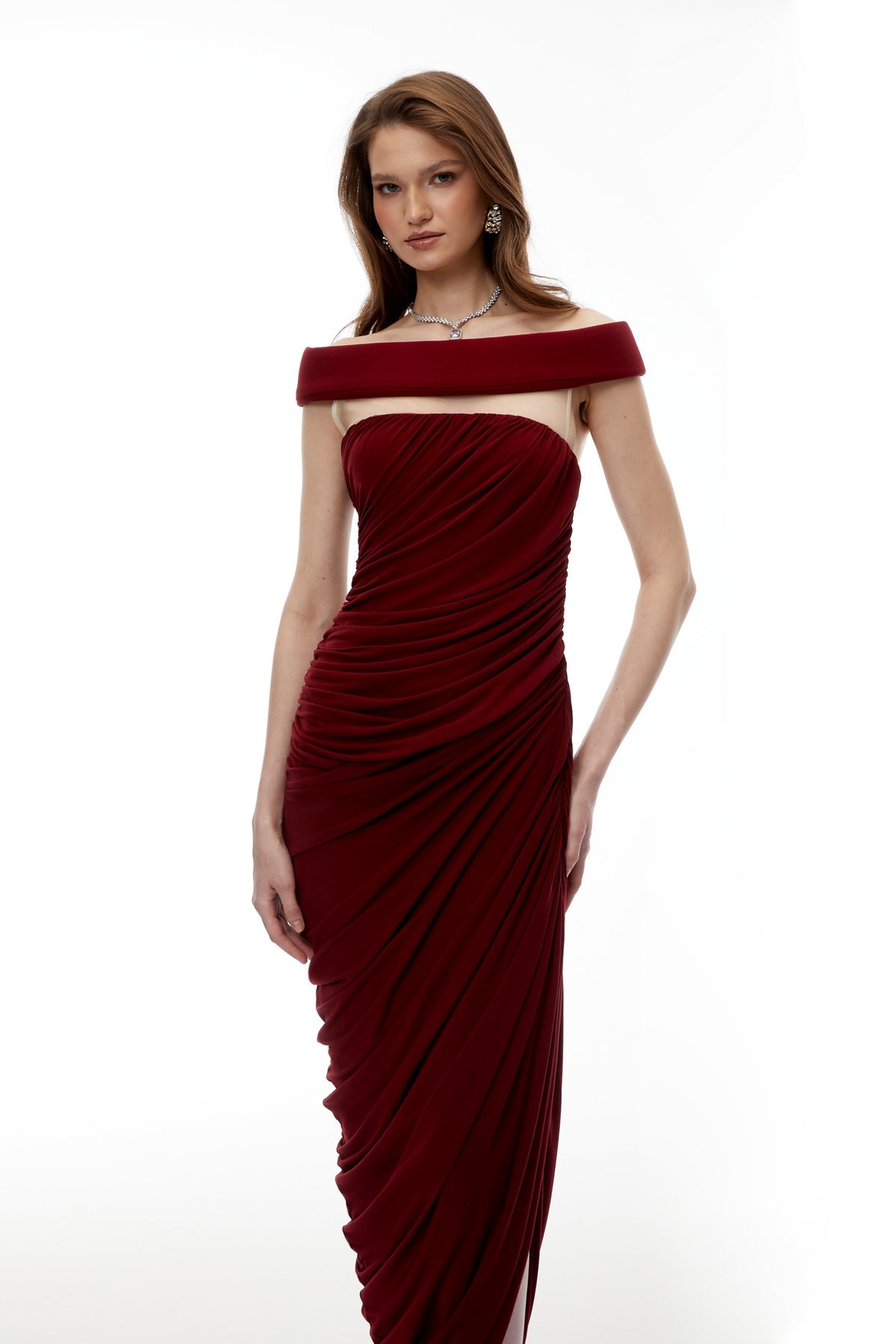 Red Off Shoulder Ruched Maxi Dress