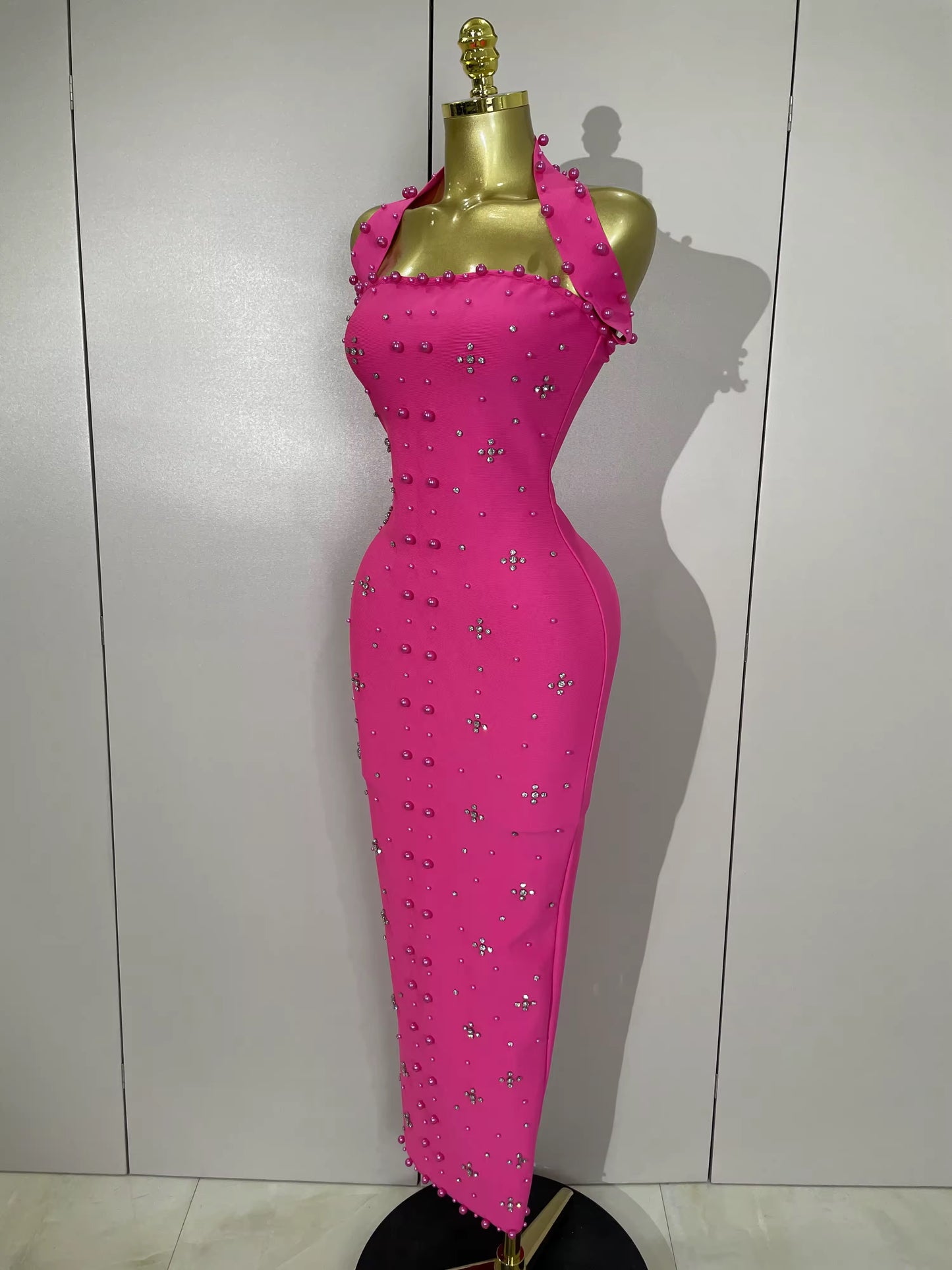 Sparkly Rhinestone Pearl Sleeveless Bodycon Bandage Long Dress