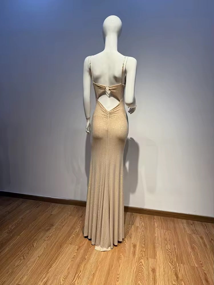 Sleeveless Backless Spaghetti Strap Hollow Out Diamonds Long Dress  Shiny Rhinestone Split Dress