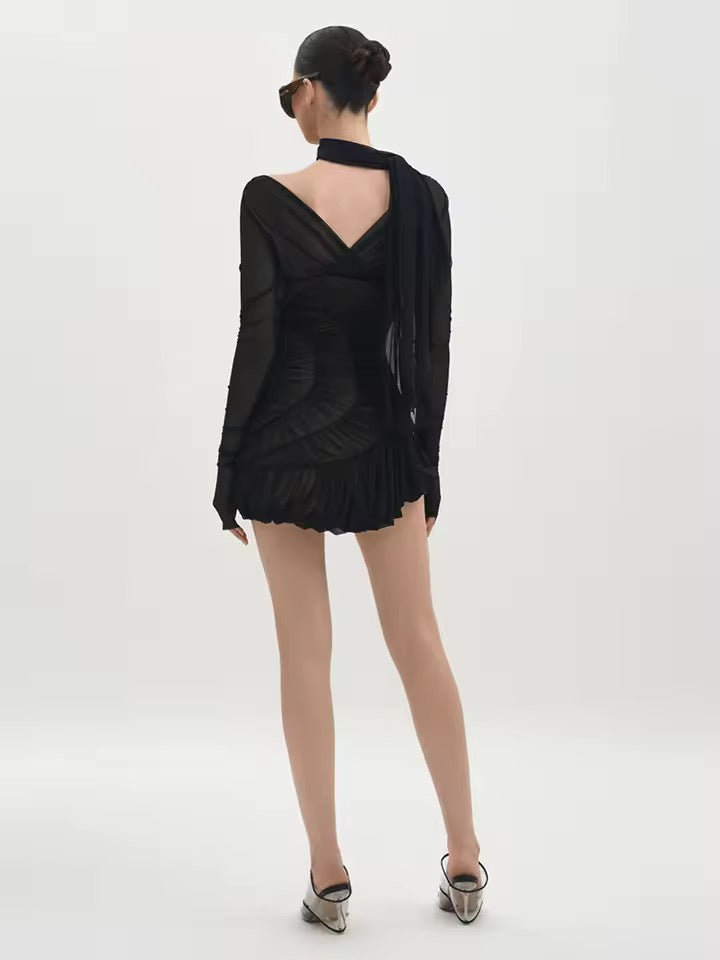 V Neck Mesh Bubble Mini Dress