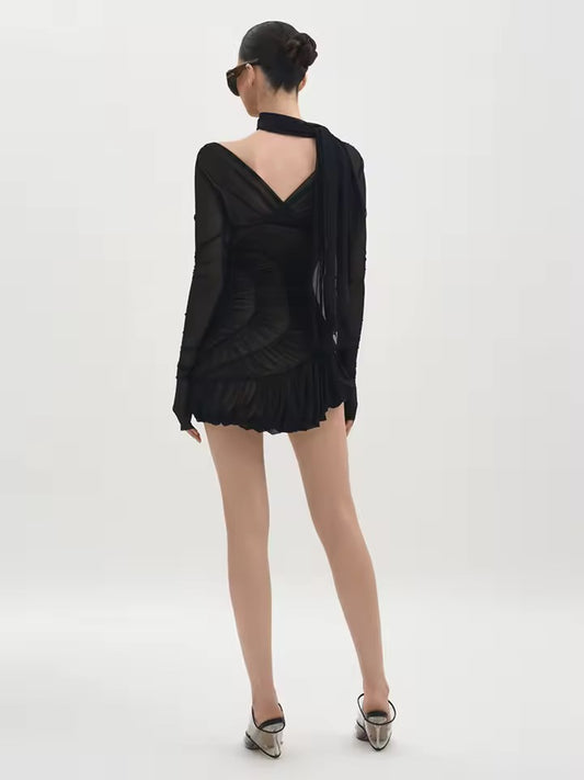 V Neck Mesh Bubble Mini Dress