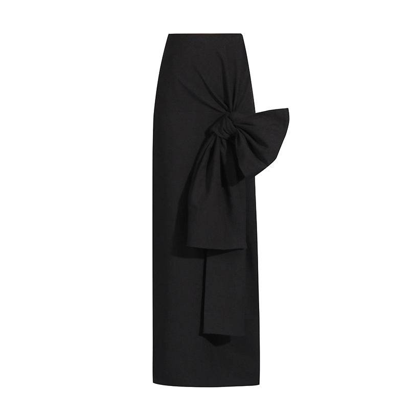 High Waist Slimming Bow Lace Pleated Split Skirt - REBECATHELABEL