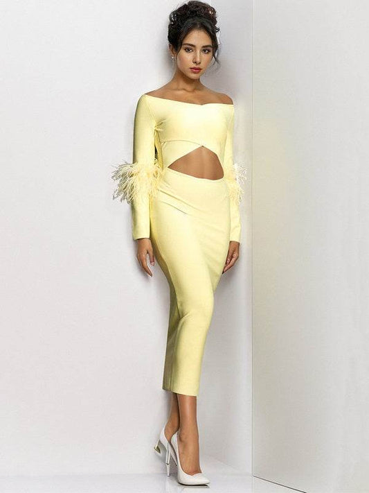 Off Shoulder Feather Bandage Dress - REBECATHELABEL