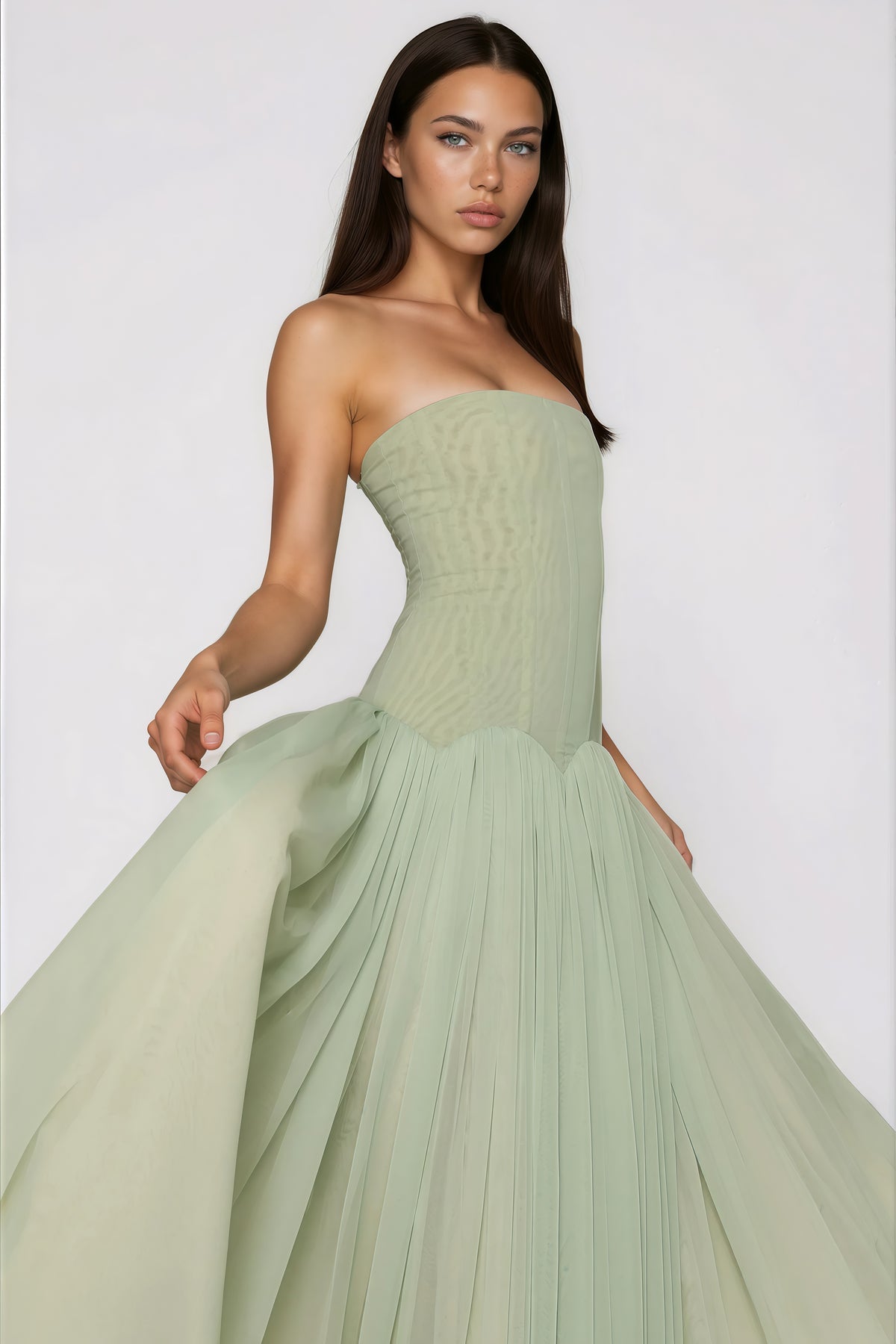 Green Off Shoulder Pleated Maxi Dress