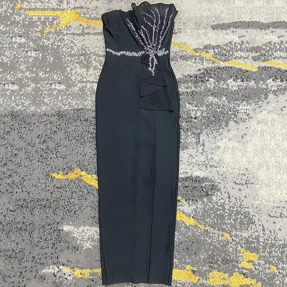Black Formal Evening Dress Sparkling Diamond Sexy Strapless dress - REBECATHELABEL