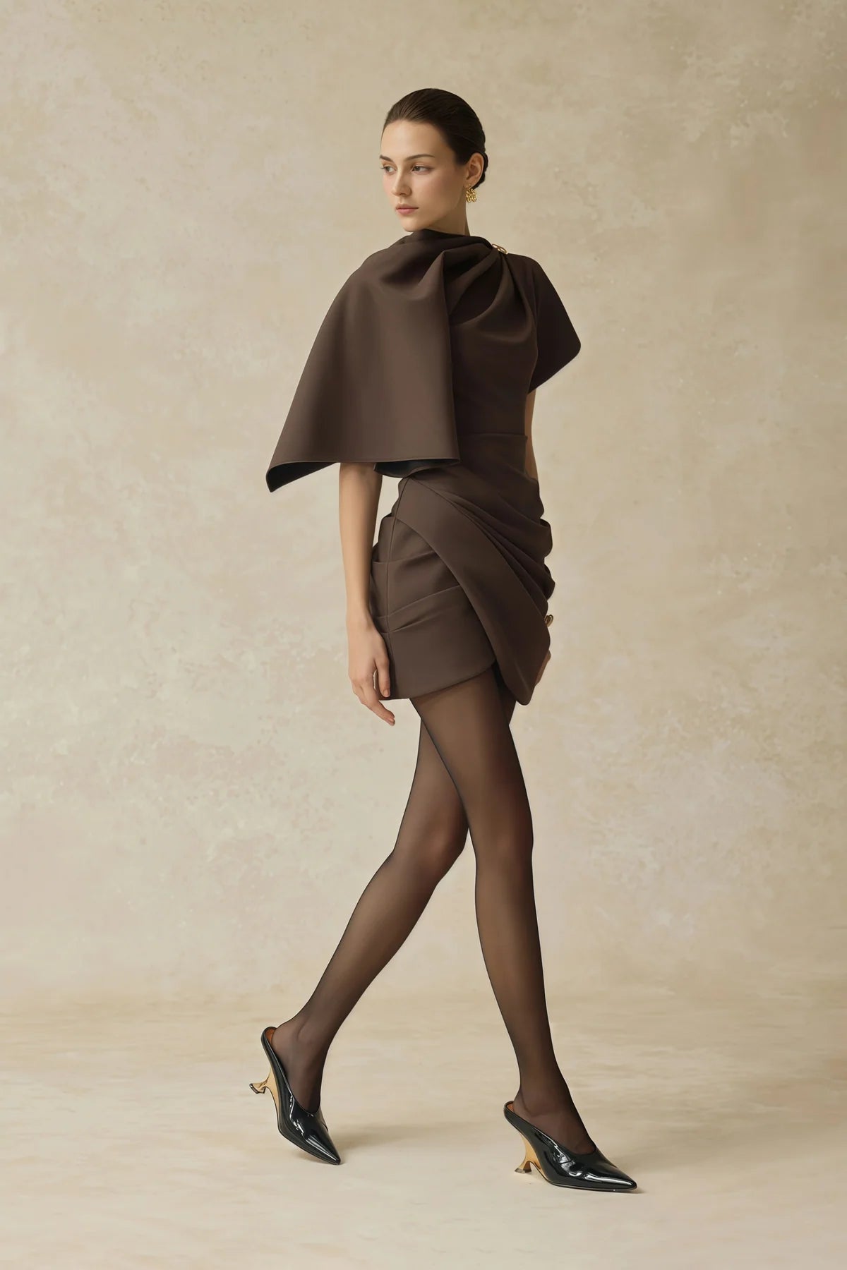 Brown Asymmetrical Gathered Mini Dress