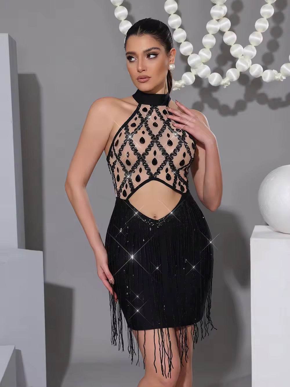 Sparkling Diamond Sequins Tassel Mesh Sexy Tight Mini Dress - REBECATHELABEL