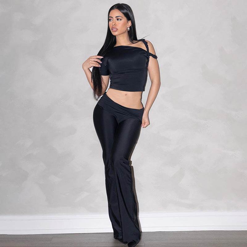 Shoulder Oblique Collar Top Low Waist Trousers Set - REBECATHELABEL