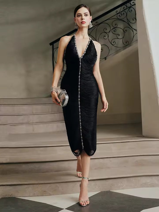 Diamonds Tassels Balck Sexy Halter Backless Bandage Midi Dress