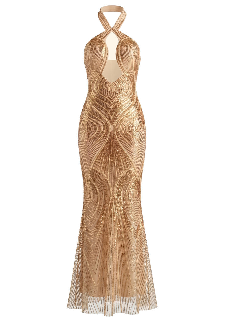 Halter Sequined Maxi Dress Gold