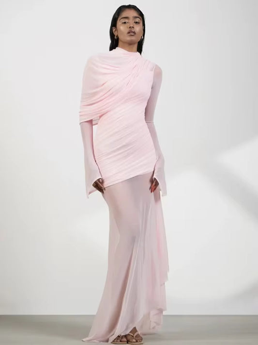 Solid Mesh Folds Shawl Design Slim Long Maxi Dress