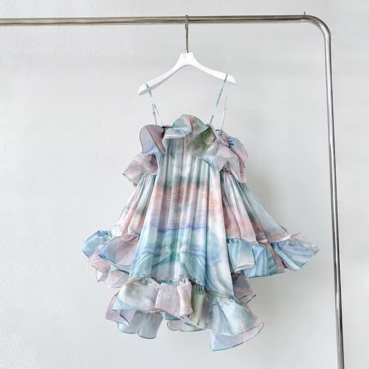 Vintage Print Ruffle Off-shoulder Mini Dresses