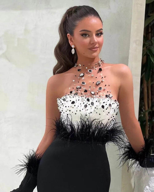 Patchwork Sexy Sleeveless Luxury Diamond Feather Tight Midi dress - REBECATHELABEL