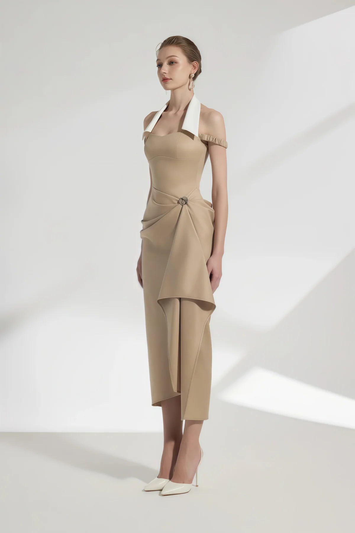 Khaki Halterneck Asymmetrical Gathered Midi Dress