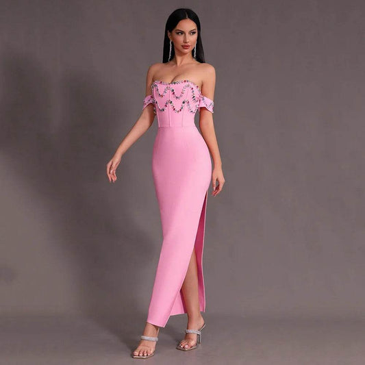 Pink Split Off Shoulder Diamond Long Bandage Ball Dress - REBECATHELABEL