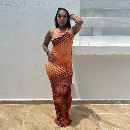 Vintage Personality Diagonal Collar Sexy Suspenders Maxi Dress - REBECATHELABEL