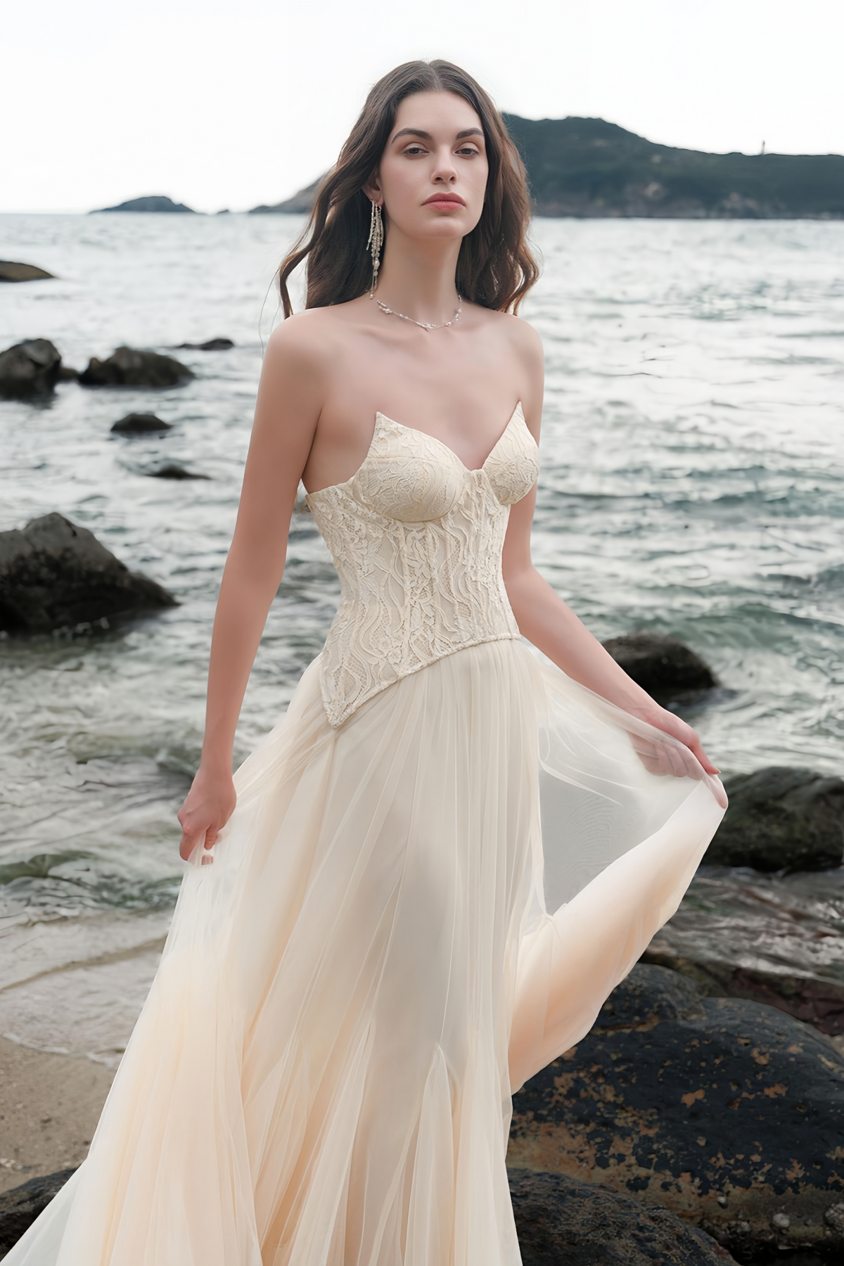 Beige Lace Corset Tulle Maxi Dress