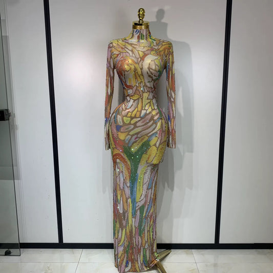 Sparkly Rhinestone Stretchy Mesh See Through dress