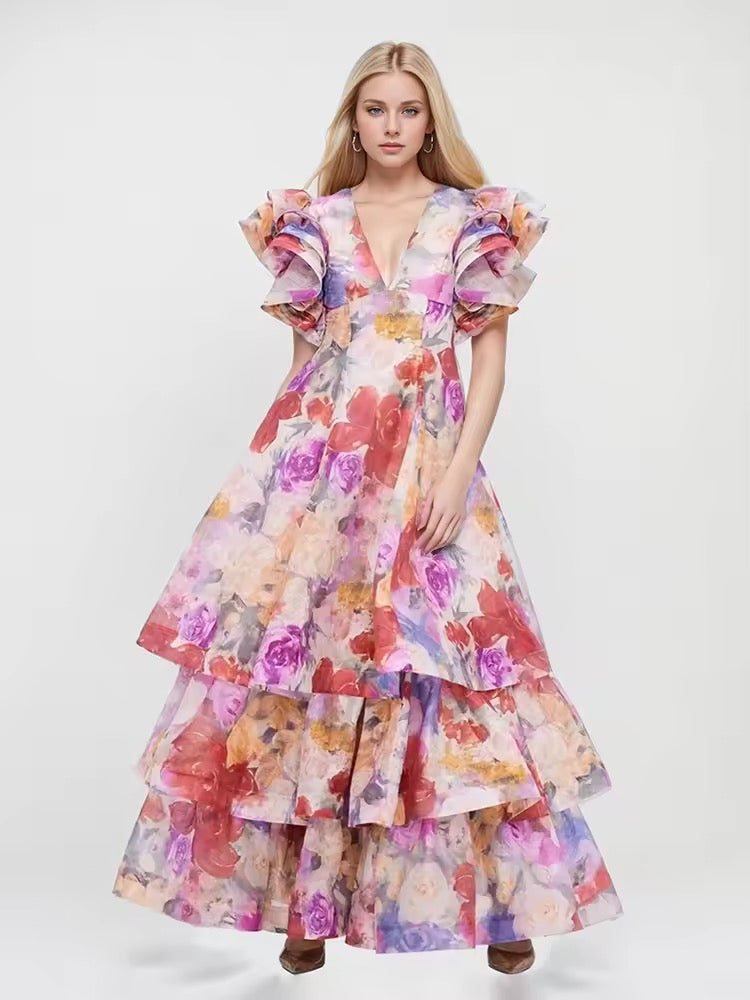 Ruffles V Neck Short Sleeve High Waist Ruched Long