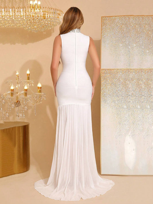 Diamonds Stand Collar Sleeveless Pleated dress