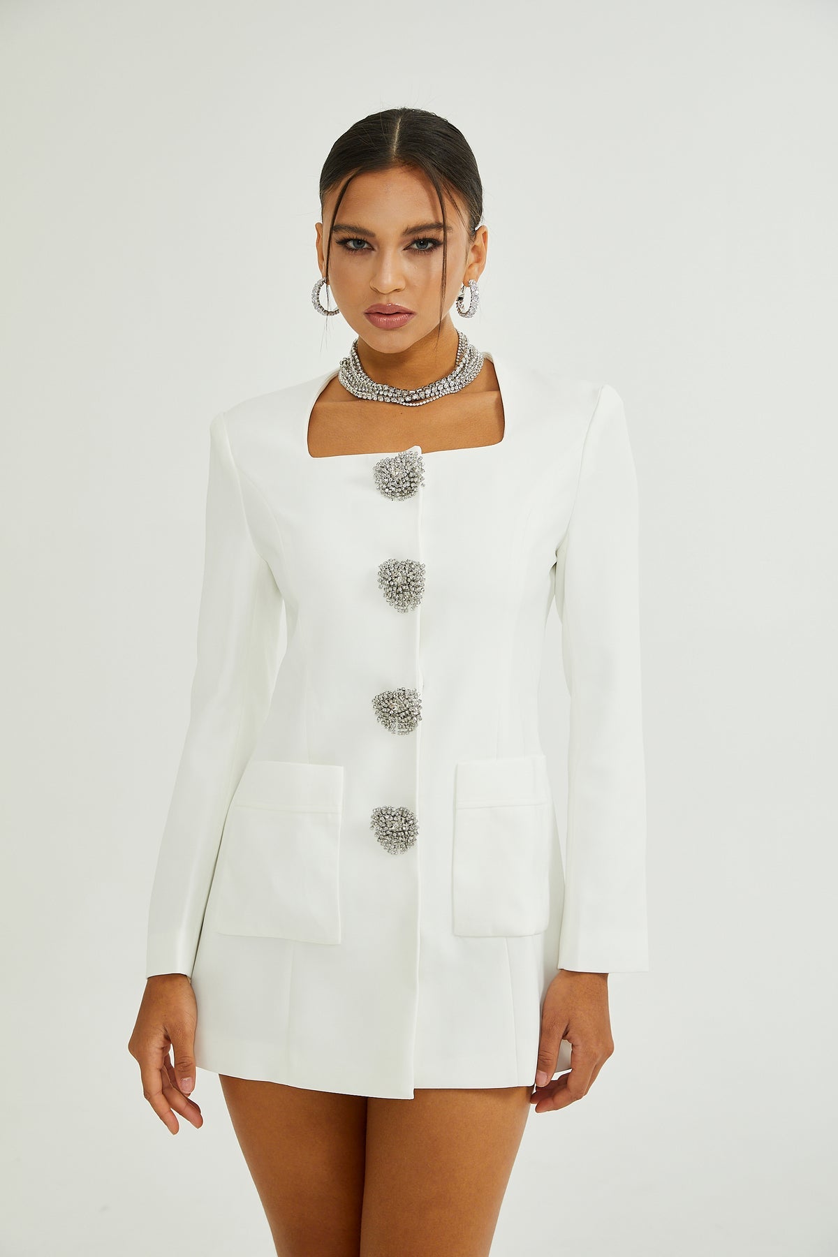 White Crystal Embellished Mini Dress