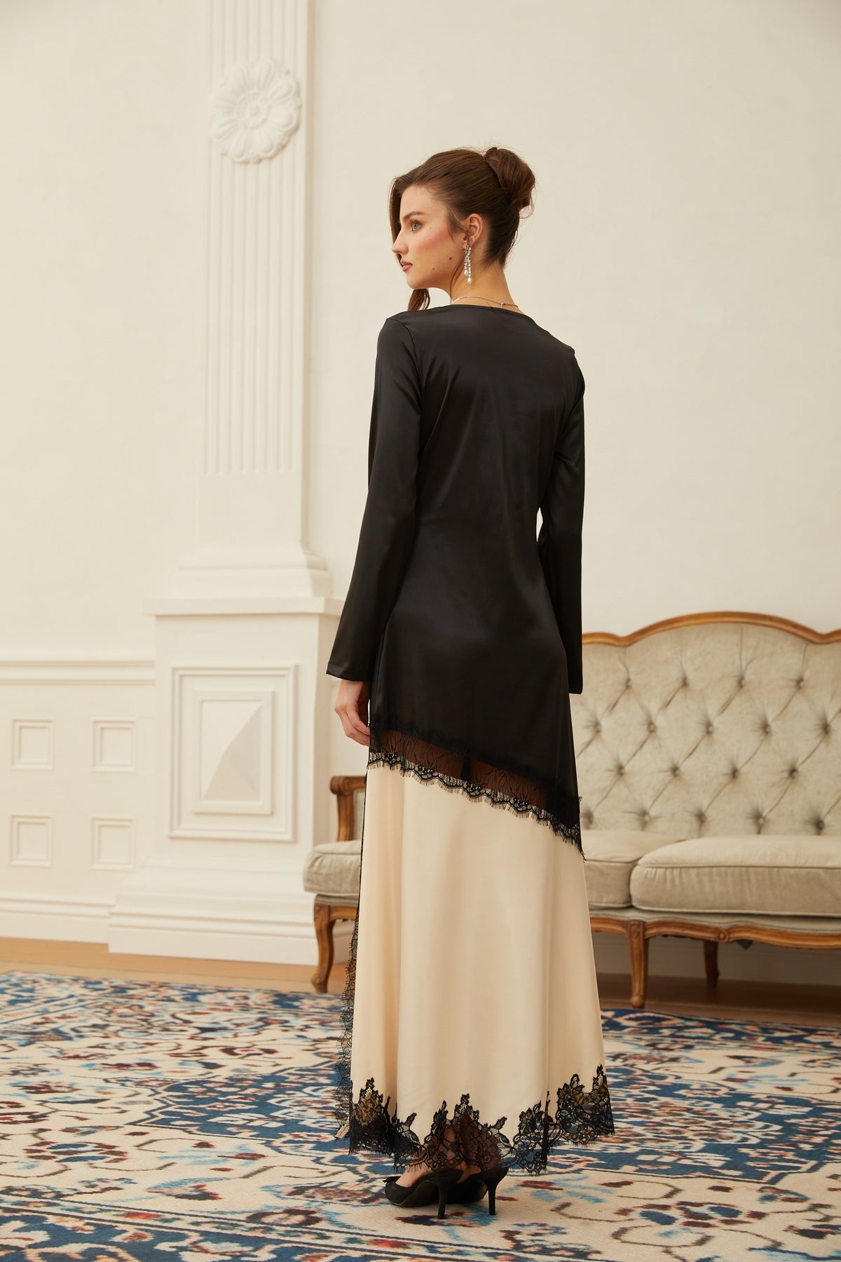 Black Lace Panel Satin Midi Dress