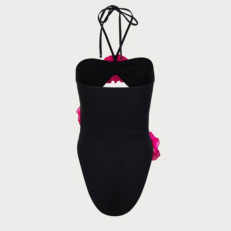Halter Tether Three Dimensional Floral One Piece Swimsuit - REBECATHELABEL