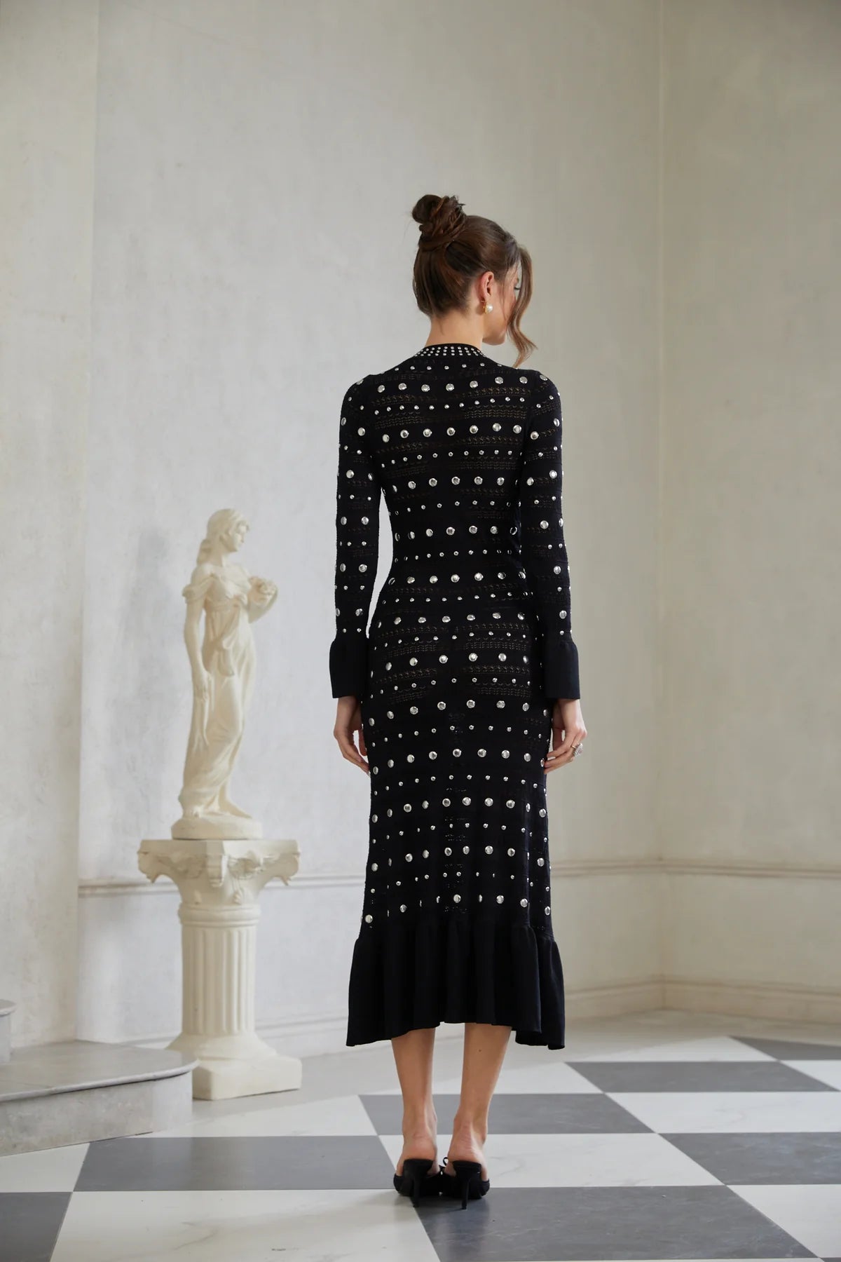 Black Long Sleeve Studded Crochet Knit Midi dress
