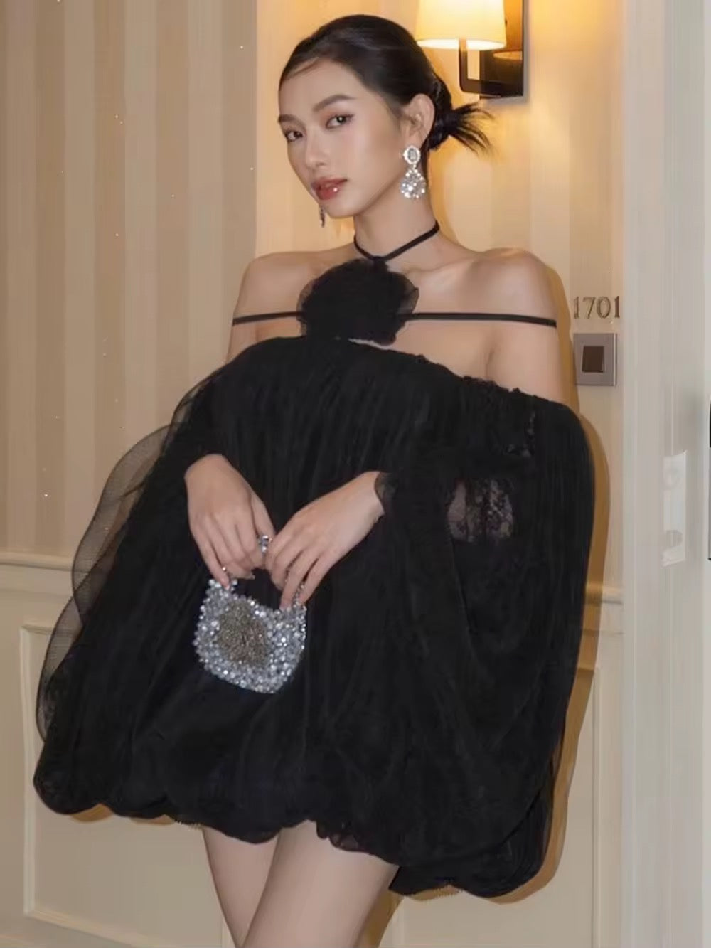 Loose Sexy Flower Mesh Off Shoulder Halter Mini Dress