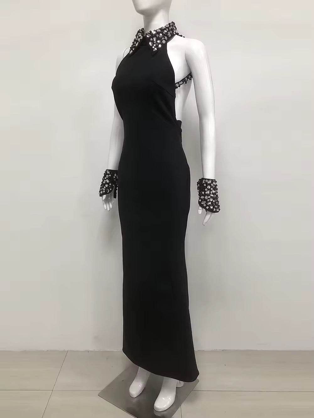 Black Bead Backless Long Bandage Dress - REBECATHELABEL