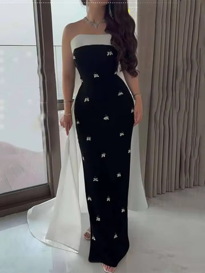 Strapless Bow Tie Splicing Diamond Evening dress