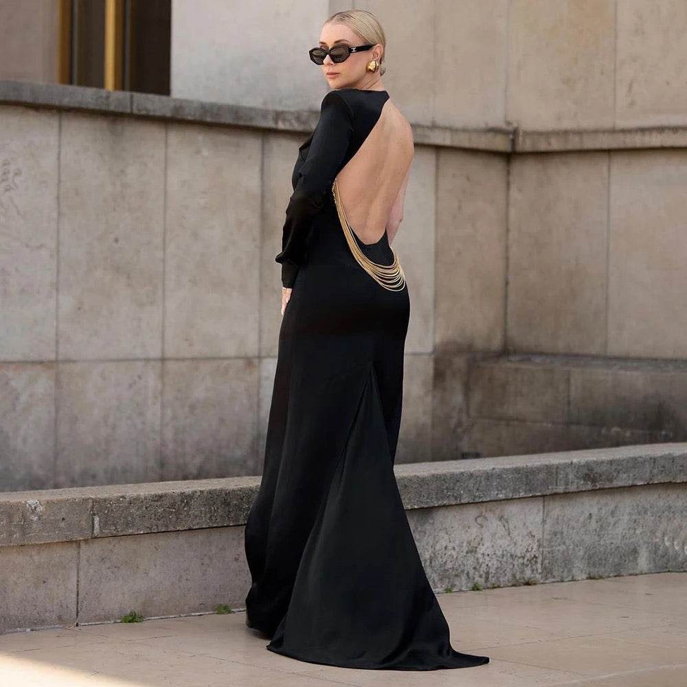 One Shoulder Open Back Mermaid Chain Tight Long Dress - REBECATHELABEL
