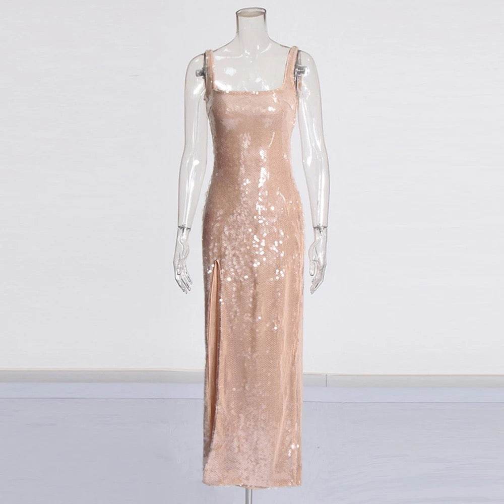 Sequin Sheep Square Collar Maxi Dress - REBECATHELABEL