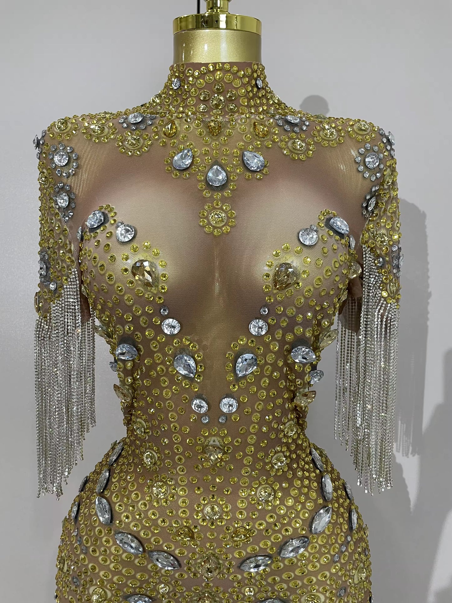 Shining Diamonds Tassel Sexy Mesh See Through Dress