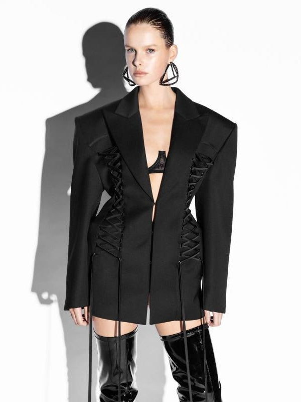 Crisscross Lace Up Suit Black Lapel V Neck Long Sleeve Bodycon Blazer Dress