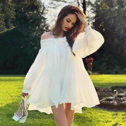 Off Shoulder Long Sleeve Bow Loose Mini Dress - REBECATHELABEL