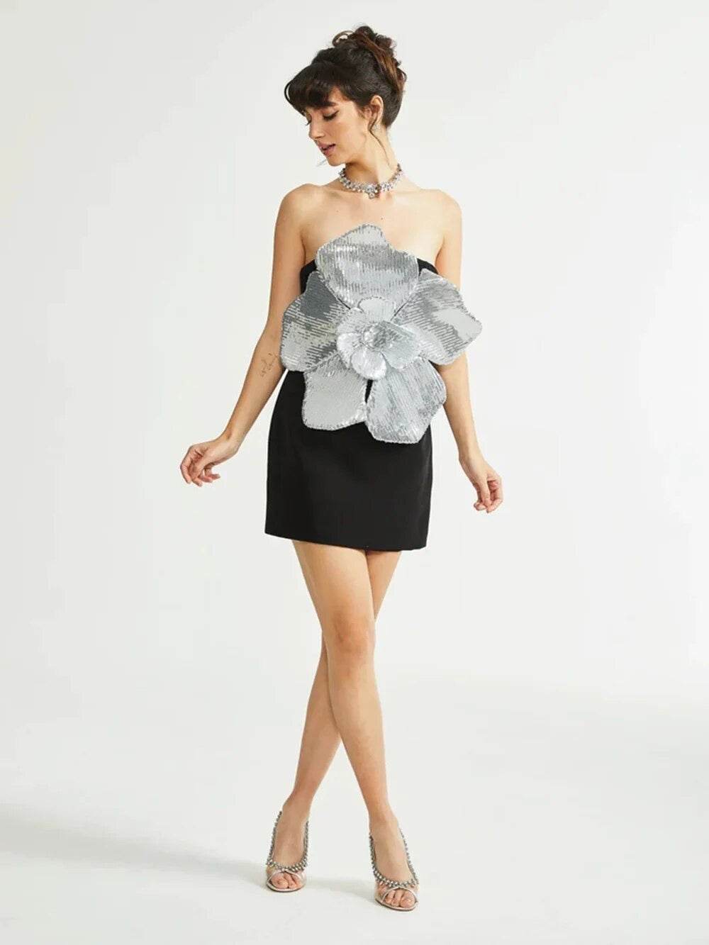 Strapless Sequins 3D Flower Tight Mini Dress - REBECATHELABEL