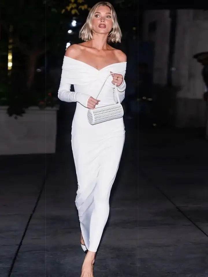 Diagonal Neckline Draping Pleated Tight dress - REBECATHELABEL