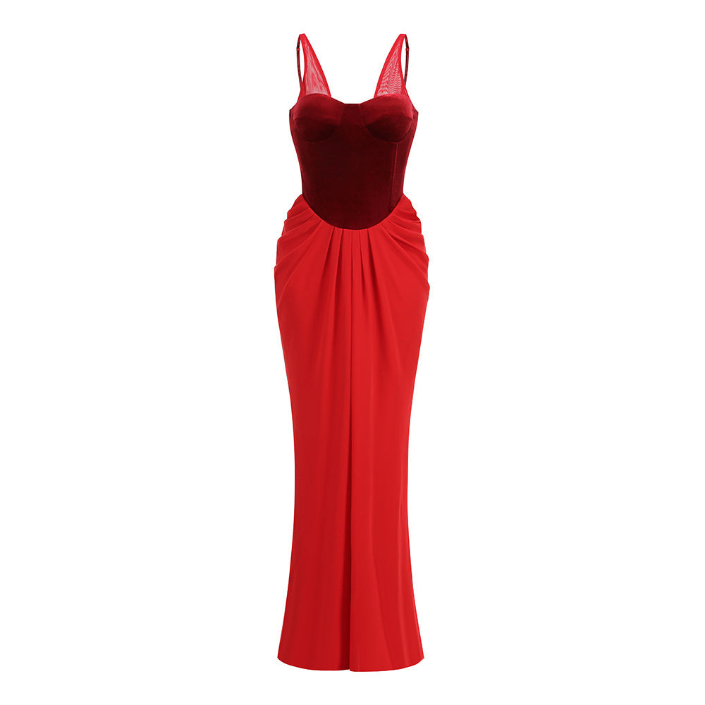 Mesh Straps Velvet Corset Patchwork Long Dress